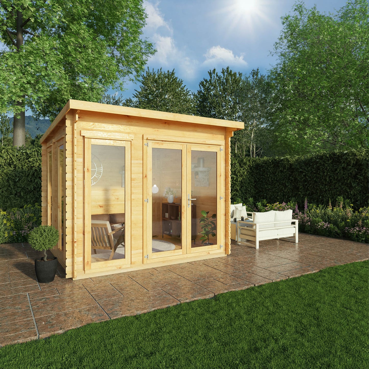 3m x 3m Wren Pent Log Cabin - 28mm